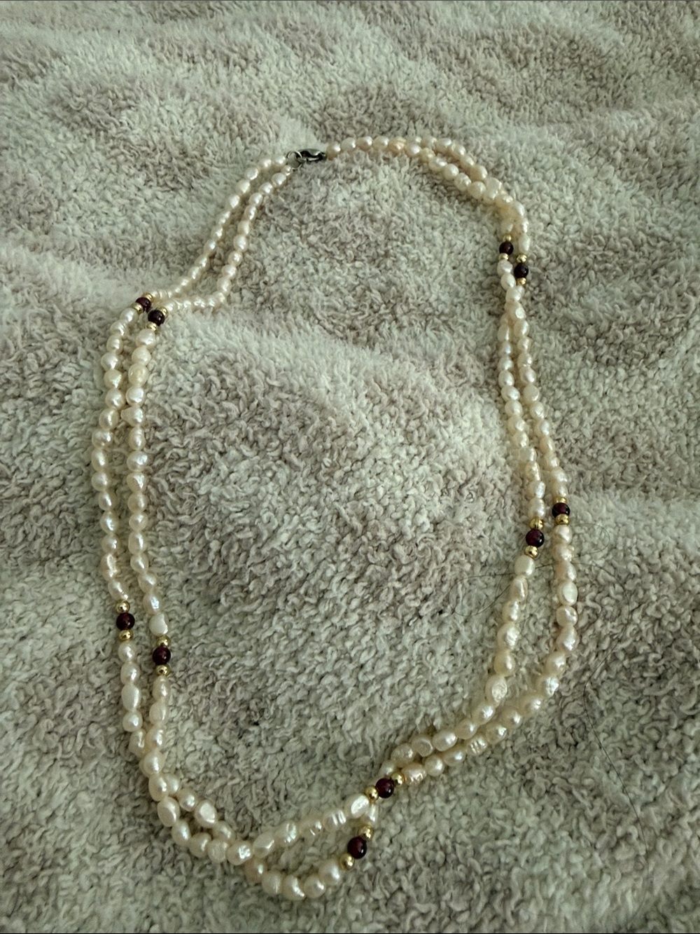 Classic Cream Pearl Multi-Strand Necklace with Burgundy Accents